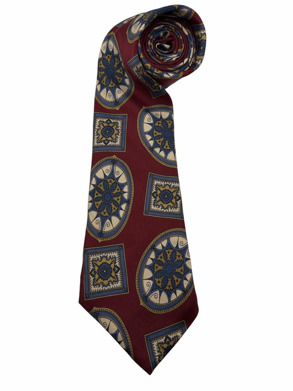 VTG Christian Dior Men’s Silk Burgundy Blue Gold Medallion Patterned Neck Tie